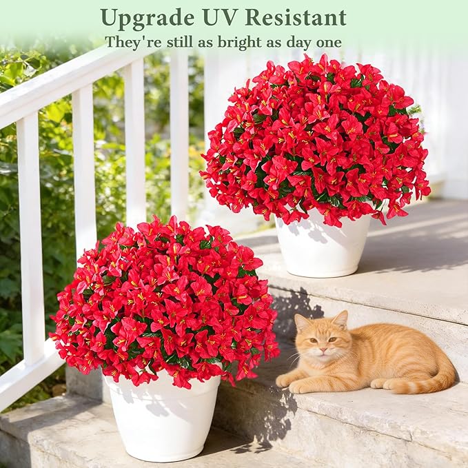 Yastouay 8 Bundles Artificial Flowers for Outdoors, Realistic Bougainvillea Fake Flowers for Outside, UV Resistant Silk Outdoor Faux Plants for Porch Patio Planter Front Door Garden Decor(Red)