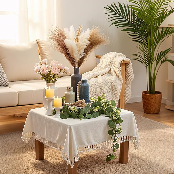 Geelin 6 Pcs Boho Rustic Table Centerpieces, 3 Modern Ceramic Vases, Wooden Slice Tray, Farmhouse Wood Beads Garland with Tassel, Artificial Vines for Dining Home Table Decor(Morandi)