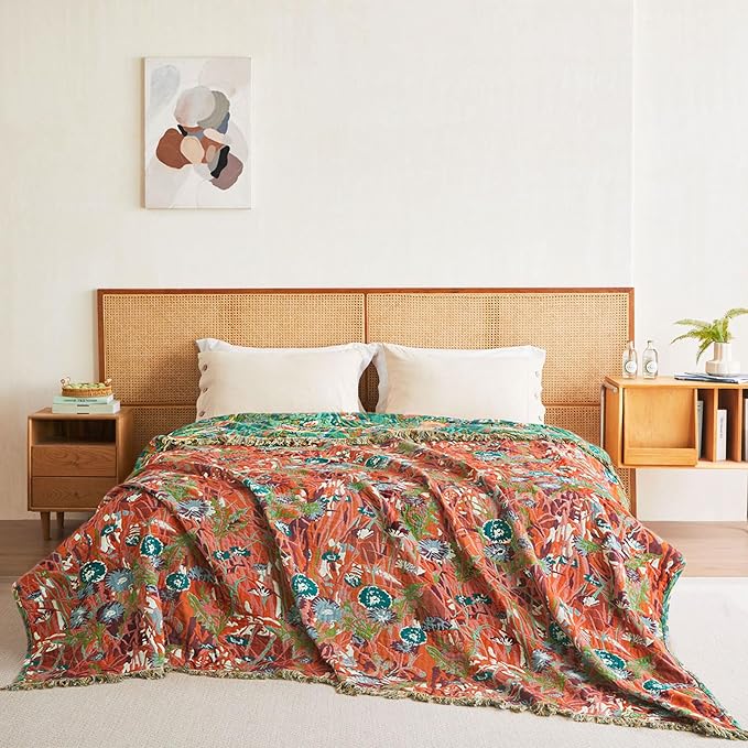 Boho Throw Blanket - 90"x90" 100% Cotton Ultra Soft Lightweight Spring Blanket, 4-Layer Breathable Muslin Blankets for Bed Couch, Reversible Green Floral Printed Bohemian Cotton Quilt
