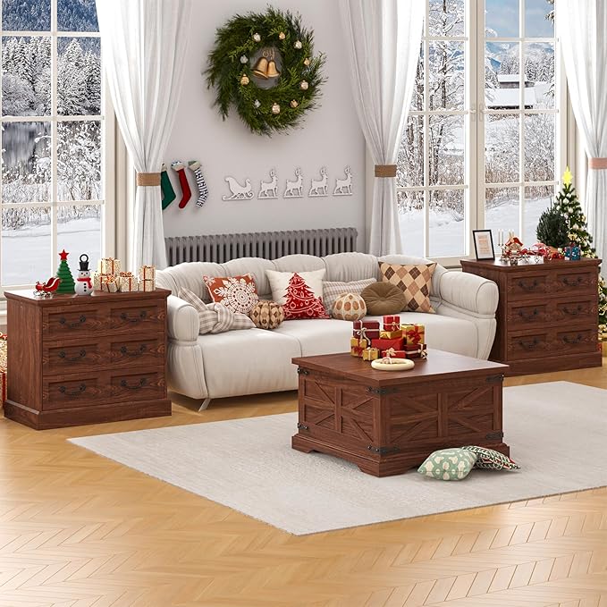 Farmhouse Night Stand with Charging Station, 27.6" Wider Cherry Wood Nightstand with 3 Drawers Dividers Storage, Larger Bedside Table, Side Table End Table for Bedroom, Living Room, Sofa