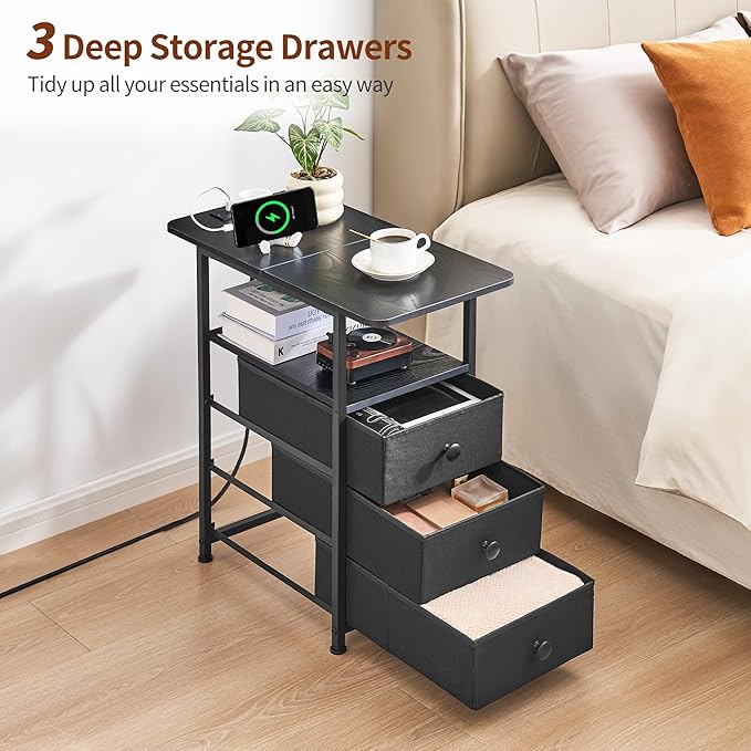 Narrow End Table with Charging Station, Narrow Side Table with 3 Fabric Drawers, Slim Nightstand with LED Light, Small Bedside Table with Storage, Living Room, Bedroom, Black HKET1303BK