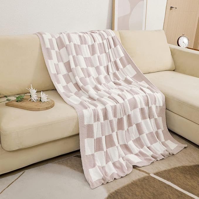bearberry Fuzzy Checkerboard Grid Throw Blanket Soft Cozy Warm Microfiber All Season Blanket Decor for Couch Sofa Bed Travel Home (Cream, 50''x60'')