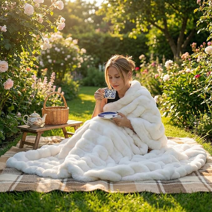 Ultra Soft Plush Cozy Twin Blanket, Portable Foldable Faux Fur Blanket for Spring Travel Camping, Machine Washable Easy Care for Home Bed Office Airplane Car Women, 60x80 Cream White