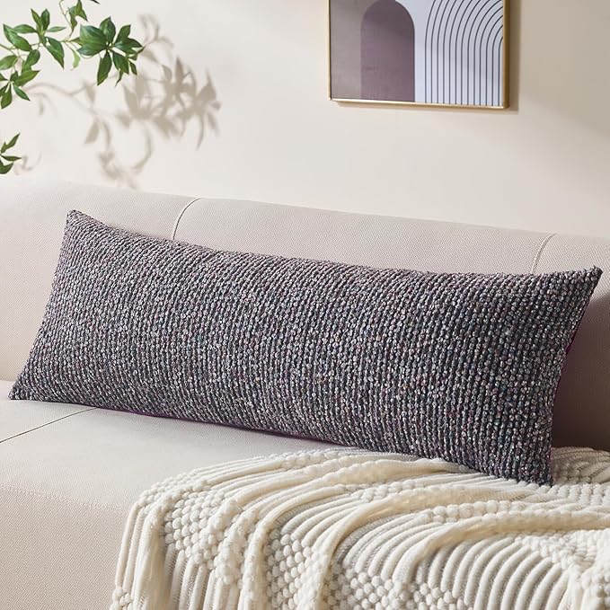 Allorry Decorative Lumbar Pillow Cover 14x36 Purple Striped Wool Long Body Pillow Neutral Textured Boho Lumbar Throw Pillow Cushion Covers for Modern Farmhouse Sofa Bed Living Room Decor SY011-E14