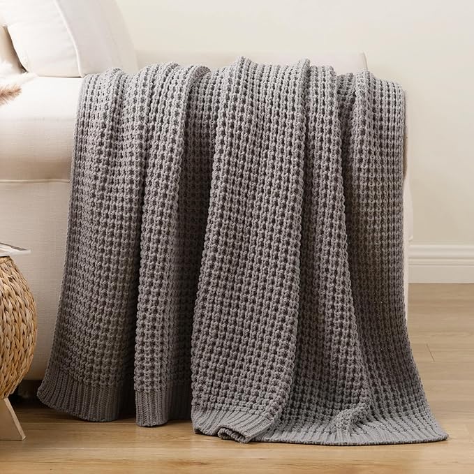 Bunnikins & Clover Grey Throw Blanket for Couch Bed Sofa, Waffle Knit Grey Blanket for Women Mothers Birthday Gifts, 60"x80"