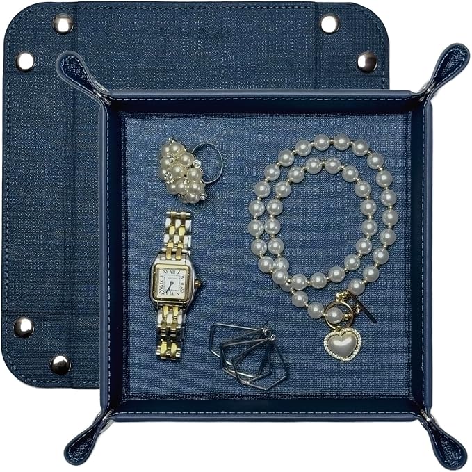 UnionBasic Small Valet Tray, Jewelry Tray for Rings Watches Earrings, Entryway Catchall Caddy for Coins Keys Change, Nightstand Bedside Valet Holder, Trays for Electronic Gadgets, Denim Blue