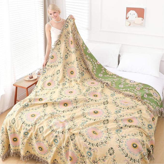 Snycler Boho Throw Blanket 80"x90" - 100% Cotton Ultra Soft Rustic Quilt, Green Floral Printed Farmhouse Decor for Bed, Sofa, Couch, Chair - All Season Cozy Blanket