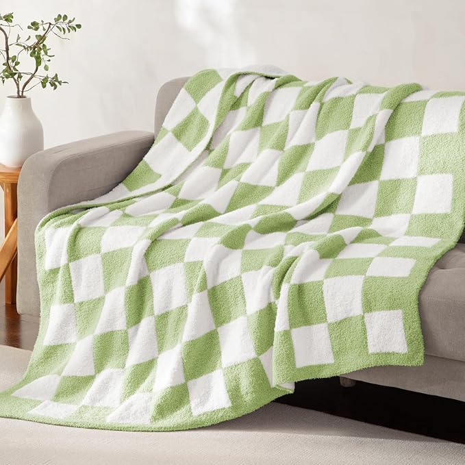 Whale Flotilla Checkered Knit Throw Blanket, Ultra Soft Warm Reversible Cozy Decorative Blankets for Couch Sofa and Bed, 50x60 Inch, Light Green