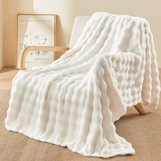 NEWCOSPLAY Throw Blanket for Couch Ivory Super Soft Flannel Fleece 3D Bubble Lightweight Bed Blanket All Season Use (Ivory, Throw(50"x60"))