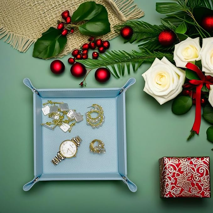 UnionBasic Small Jewelry Tray for Rings Watches Earrings, Entryway Catchall Caddy for Coins Keys Change, Nightstand Bedside Valet Holder, Trays for Electronic Gadgets, Lychee Pale Blue
