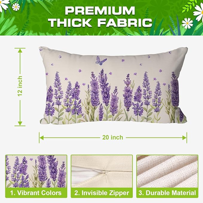 Spring Pillow Covers 12x20 Inch Set of 4 Lavender Home Sweet Home Purple Throw Pillows Decorative Pillow Cases Summer Seasonal Farmhouse Decorations for Sofa Couch