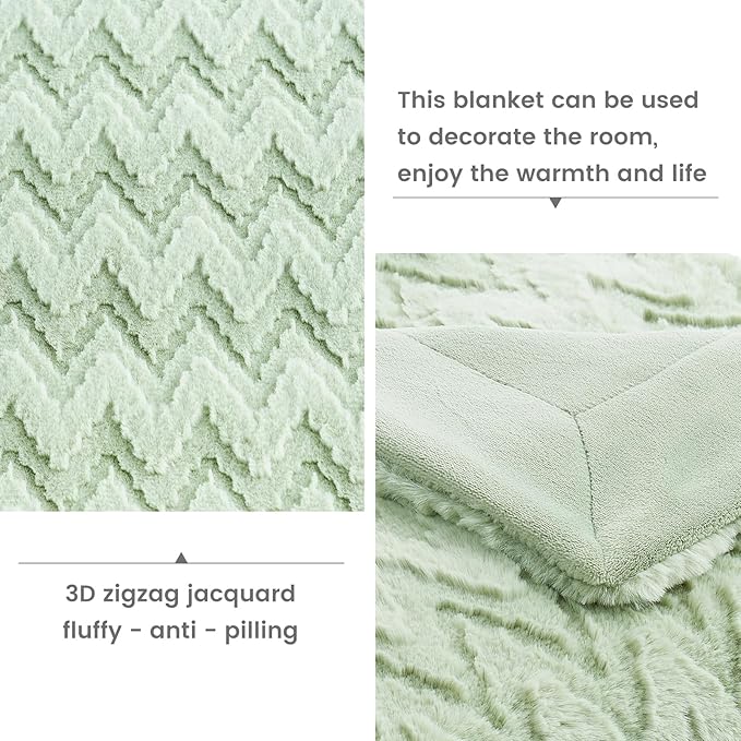 Cozy Bliss Faux Fur Textured Throw Blanket for Couch Super Soft Fuzzy Bed Blanket Gift for Women Premium 3D Ribbed Jacquard All Season Use Sage Green Zigzag 50"*60"
