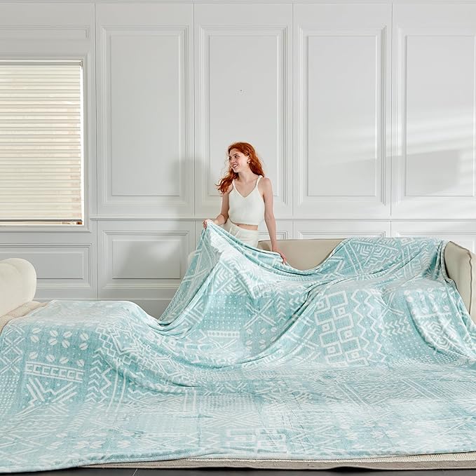 Soft Cozy 120x120 Inches Seamless Oversized King Fleece Blanket, Giant 10'x10' California King Blanket Extra-Large Flannel Blankets for Bed, Sofa, Couch, Travel, Symbol Light Blue