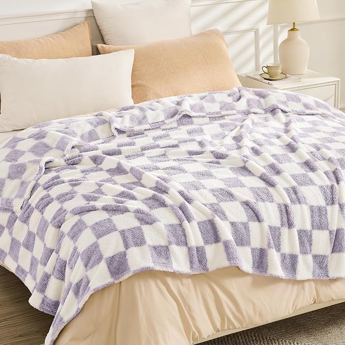 EMME Checkered Blanket Queen Size - 80"x90" Lavender Knit Blanket Soft Fluffy Patterned Throw Blankets for Couch, Sofa, Chair, Bed, Camping, Picnic, Travel
