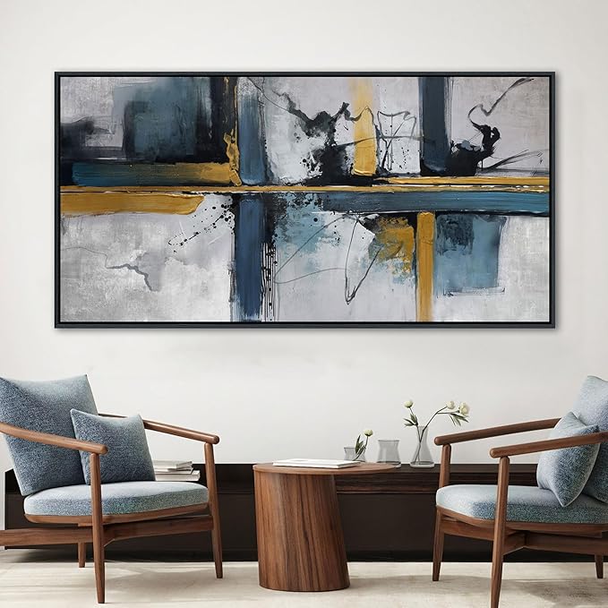 Abstract Canvas Wall Art Framed Modern Wall Art for Living Room Navy Blue Artwork for Walls, Above Bed Wall Decor With Navy and Gold for Bedroom and Living Room Office Pictures Wall Decor 24×48IN