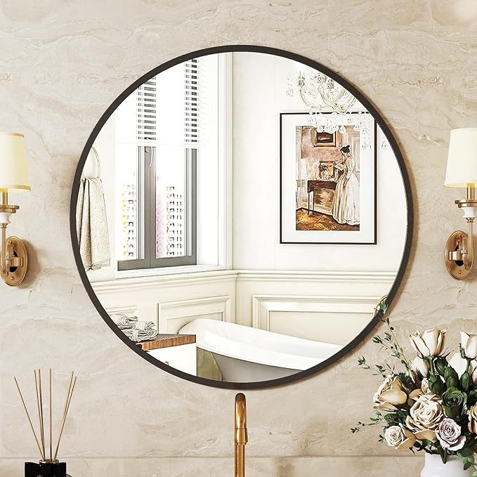 Sweetcrispy 20-inch Black Round Wall Mirror, Circle Bathroom Mirrors with Metal Frame, Wall-Mounted Mirrors for Living Room, Bathroom, Entryway
