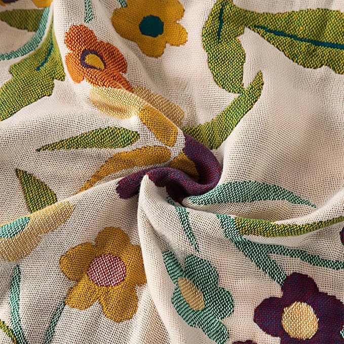 Spring Boho Throw Blanket,100% Cotton Muslin Blankets for Bed,Cozy Floral GreenThrow Blanket,Reversible Bohemian Throw Blankets for Couch,Farmhouse,Golden Phoenix,60"x80"