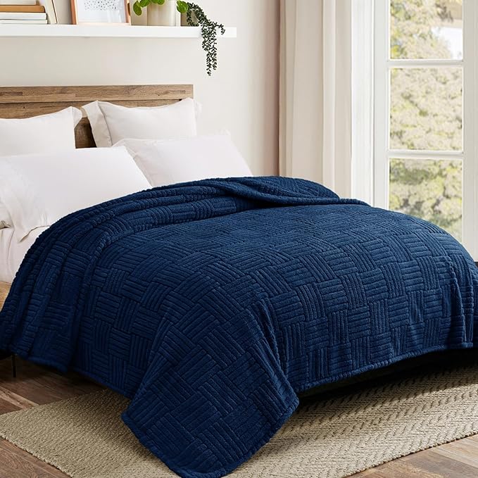 Whale Flotilla Lightweight Fleece Twin Size Blanket for Bed, Fuzzy Soft Blankets with Decorative Jacquard Pattern for All Season, Warm and Fluffy, 60x80 Inch, Navy Blue
