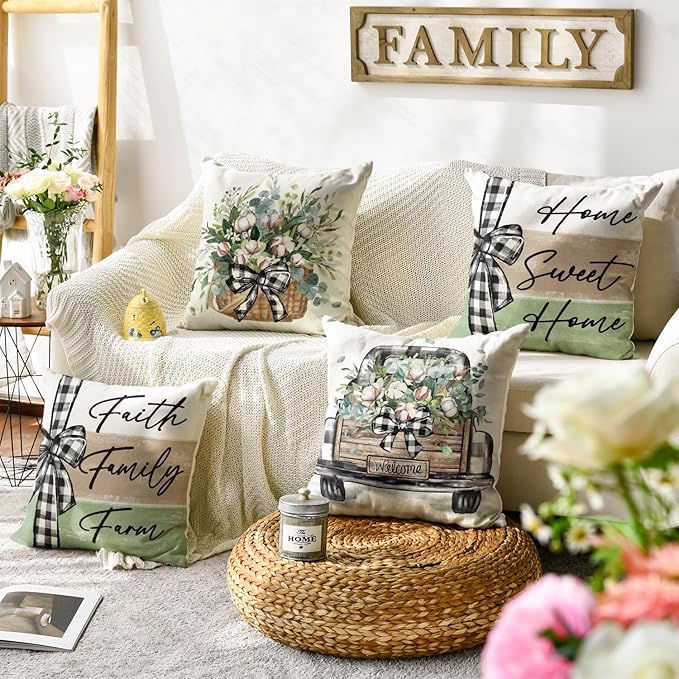 AVOIN colorlife Home Sweet Home Farmhouse Eucalyptus Leaves Throw Pillow Covers, 20 x 20 Inch Truck Stripes Buffalo Plaid Cushion Case Decorations Set of 4