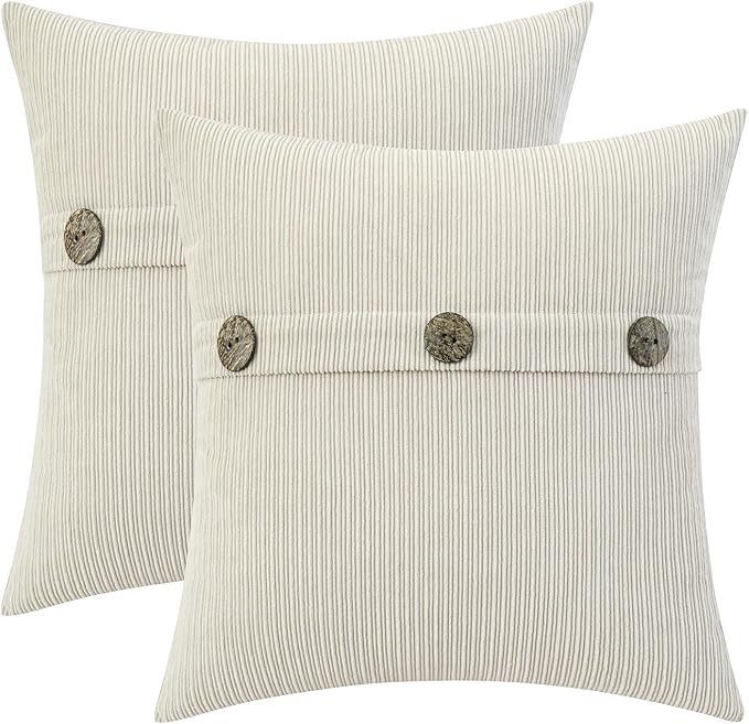 HWY 50 Cream White Chenille Throw Pillow Covers 16x16 Inch with Triple Buttons, Soft Farmhouse Accent Decorative Cushion Cases for Couch Sofa Bed Bedroom Pack of 2