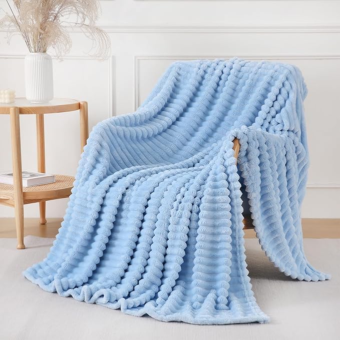 Light Blue Throw Blanket for Couch Sofa 50x60 inches Striped Fleece Blankets Room Home Decor Lightweight Plush Soft Cozy Gifts for Women Mom Girls