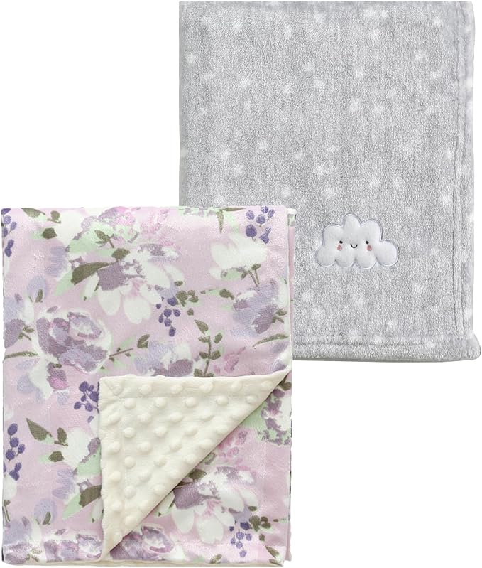 CREVENT 2Pcs 30''X40'' Cute Cozy Fluffy Warm Baby Blankets for Infants Toddlers' Bedding Crib Cot Stroller - Grey Cloud + Minky Grape