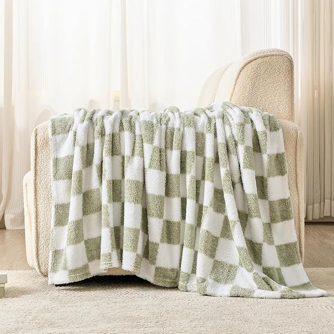 EMME Checkered Knit Blanket Soft Fluffy Patterned Throw Blankets for Couch, Sofa, Chair, Bed, Camping, Picnic, Travel Sage Green 50"x60"