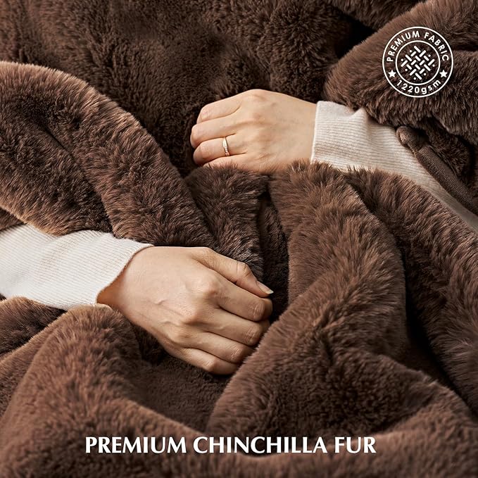 EVERGRACEHOME Luxury Soft Faux Chinchilla Fur Throw Blanket for Couch, Warm Thick Heavy Winter Throw Blanket 1220GSM for Bed, Fluffy Cozy Mink Blanket with Reversible Velvet, Chestnut Mink, 50"x60"