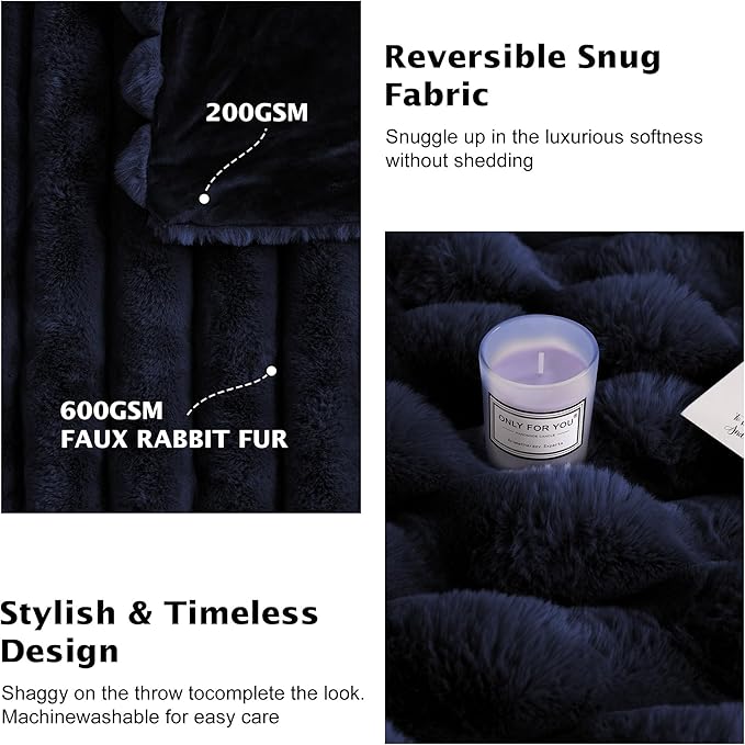 Faux Fur Throw Blanket for Couch,Cozy Soft Plush Thick Striped Luxury Blanket for Sofa Living Room Bedroom,60 * 80 Inches, Navy Blue