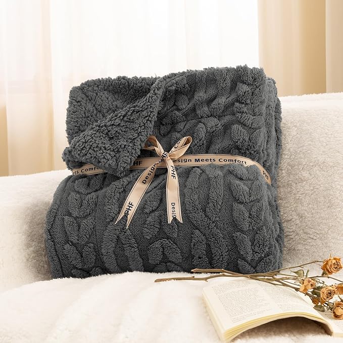 PHF Fluffy Sherpa Blanket Twin Size for Winter, Warm and Soft, 510GSM 3D Jacquard Thick Shaggy Fleece Plush Blanket for Sofa Bed, Dark Grey, 60"x80"