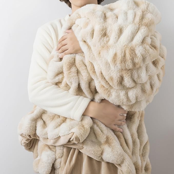 WDCOZY Ruched Faux Fur Throw Blanket Soft Cozy Fluffy Luxurious Blankets Couch Bed Sofa Chair Home Decor Warm Furry Fall Winter Plush Rabbit Fur Bubble Blanket 60" x 80", Caramel Beige Camel Neutral