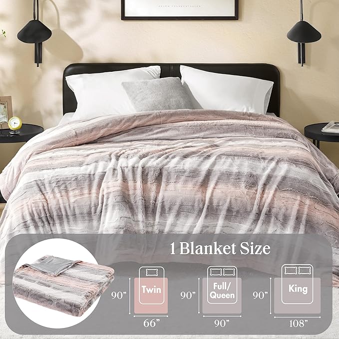 Madison Park Ultra-Soft Poly Fur Blanket, Reversible Plush, All Season & Lightweight Fuzzy Blanket for Bed, Couch & Sofa, Zuri, Twin/Twin XL Blush/Grey