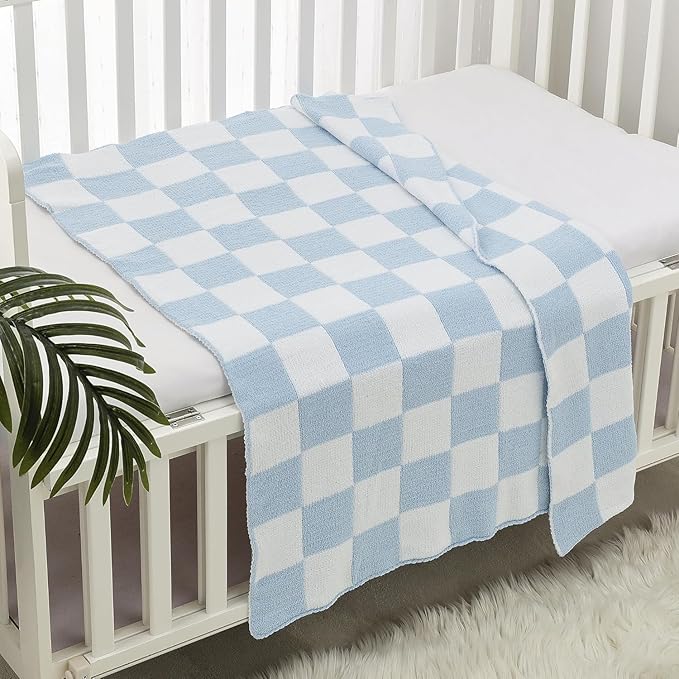 CREVENT 2Pcs 30''X40'' Cute Cozy Fluffy Warm Baby Blankets for Infants Toddlers' Bedding Crib Cot Stroller - Grey Cloud + Knit Checked Blue