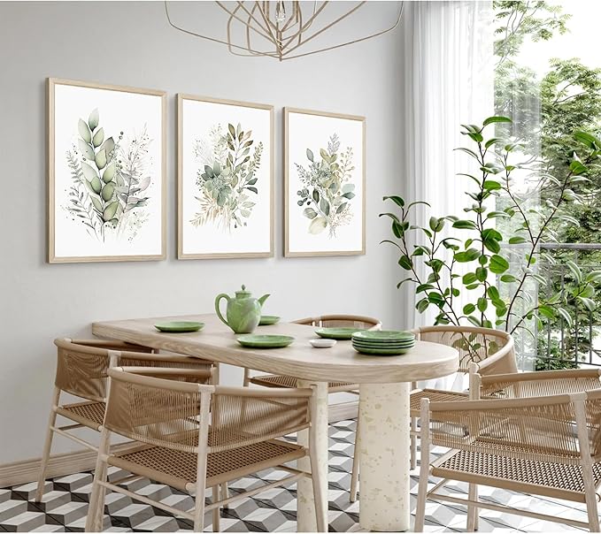 Watercolor Botanical Wall Art Set of 3 Boho Floral Canvas Wall Decor Prints Sage Green Wildflower Wall Art Modern Flower Pictures Botanical Painting for Bedroom Bathroom 12x16 Inch Wood Framed