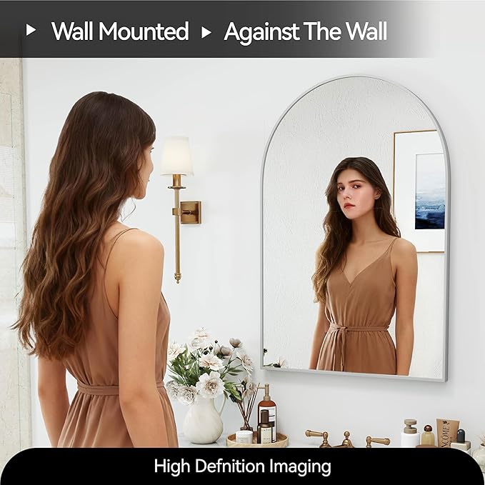 24x36 Arch Mirror Square Full Length Wall Mounted Hanging or Against Wall Metal Aluminum Alloy Frame Dressing Make-up Mirrors for Entryway Bedroom Bathroom Living Room 24 36 inch Silver