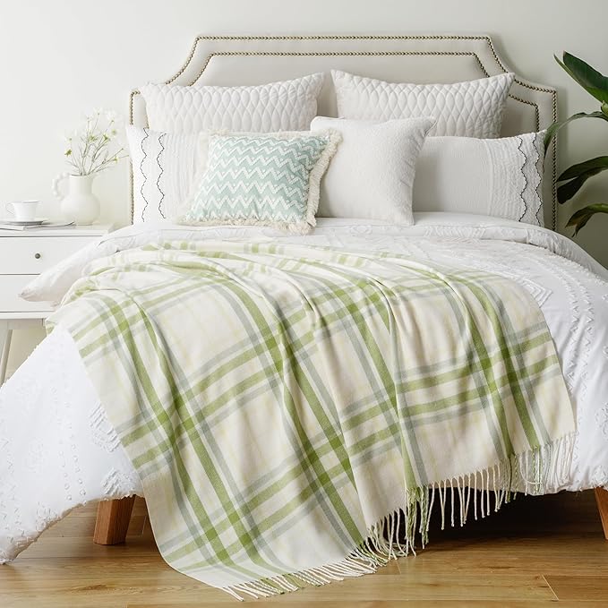 BATTILO HOME Spring Summer Plaid Throw Blanket for Couch Bed, Decorative White Green Stripe Blanket Throw Farmhouse Throw Blankets, Buffalo Checkered Plaid Blankets and Throws for Home Decor