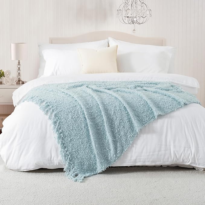 Winter Knit Throw Blanket Fluffy Fuzzy Soft Lightweight Cozy Farmhouse Tassels Chunky Knitted Throws for Couch Sofa Bed (Dream Blue, 60"x80")