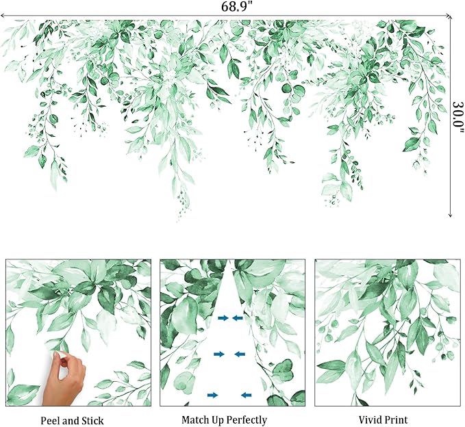 Mint Green Plants Leaves Wall Decals Peel and Stick, Large Floral Flowers Vinyl Wall Stickers, Removable Vine Home Decor Art for Bedroom Living Room Classroom Office