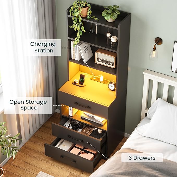 AOGLLATI Tall Nightstand with Charging Station and LED Lights, Night Stand with 3 Drawers and Storage Shelves, Bedside Table with Bookshelf, Modern End Side Table for Bedroom, Black