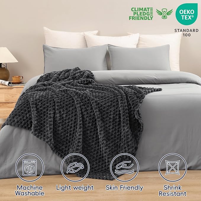PHF Ultra Soft Flannel Fleece Throw Blanket, Lightweight 3D Jacquard Fleece Blanket, No Shedding, No Pilling, Luxury 340GSM Aesthetic Fluffy Cozy Throws for Couch Room Decor, 50"x60", Dark Grey