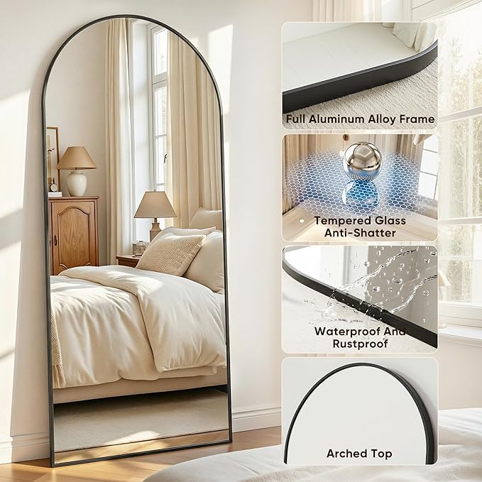 Antok Full Length Mirror, 90"x46" Floor Mirror with Stand, Hanging Mounted Mirrors for Bedroom, Living Room, Cloakroom, Dining Room, Black, Arched