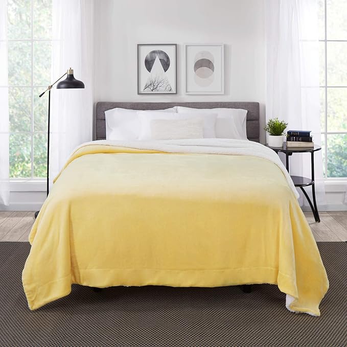 Genteele Sherpa Throw Blanket Super Soft Reversible Ultra Luxurious Plush Blanket, 102 x 90 inches, Yellow/White