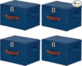4 Pack Storage Bins with Zipper Lid Cotton Linen Fabric Lidded Storage Baskets Boxes Foldable Washable Closet Shelf Clothes Organizer Container with PU Leather Handles (Deep Blue, Small)