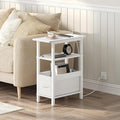 Narrow Side Table with Charging Station, Slim End Table with Fabric Storage, Skinny Nightstand for Small Spaces, Thin Bedside Table for Living Room, Bedroom, White ETBW125E01