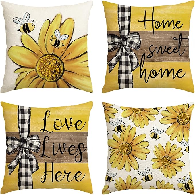 AVOIN colorlife Home Sweet Home Bee Sunflower Throw Pillow Covers, 18 x 18 Inch Love Lives Here Spring Summer Stripes Cushion Case for Sofa Couch Set of 4