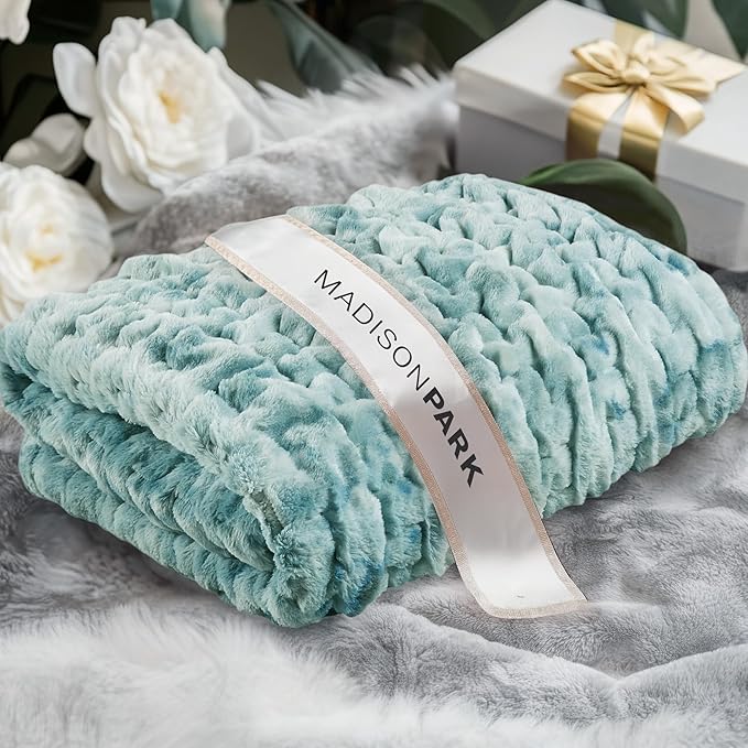 Madison Park Faux Fur Throw, Luxurious Ruched Texture, Fuzzy Warm, Plush Mink-Like Reverse, All Season, Lightweight & Cozy Blanket-Throw for Sofa, Couch, Living Room & Office 50" x 60" Blue Tie Dye