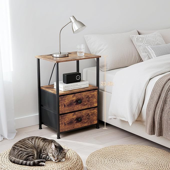 Night Stand Set 2, Nightstand with Charging Station, End Tables with Storage Shelf for Small Spaces, Bedside Table Side Tables with 2 Fabric Drawers for Bedroom, Rustic Brown, HETS020PBR
