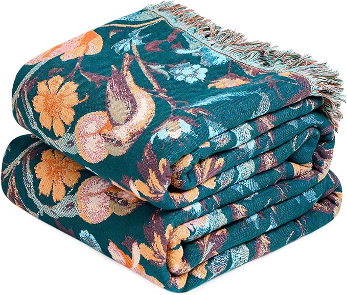 Boho Throw Blanket - 100% Cotton Ultra Soft Muslin Blanket, 50"x60" Lightweight Floral Bird Framhouse Bedding Spring Blanket for Bed, All Season Green Bohemian Bedroom Home Decor Quilt
