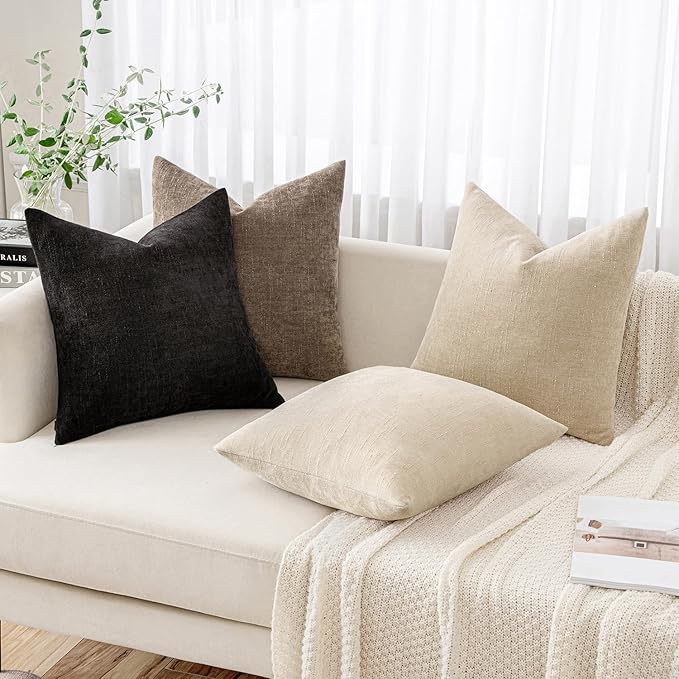 MIULEE Pack of 2 Decorative Throw Pillow Covers Soft Chenille Throw Pillows Solid Textured Euro Cushion Covers for Couch Sofa Bedroom Living Room 24x24 Inch, Black