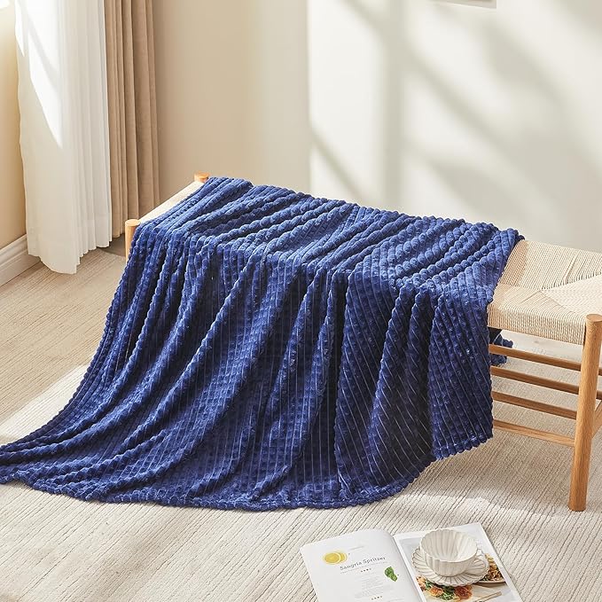 EMME Fleece Blanket, 3D Jacquard Throw Blanket for Couch and Bed, Soft Cozy and Fluffy Blankets Lightweight Luxury Flannel with Geometric Grid Design (Navy Blue, 60" x 80")